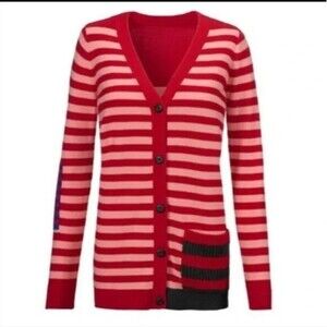 Cabi # 5446 "Picnic Cardigan" Red Stripe Button-Down Cardigan Long Slv Sweater M